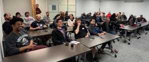 Photo of a group of around 30 IGDA NC Triangle members attending a talk.